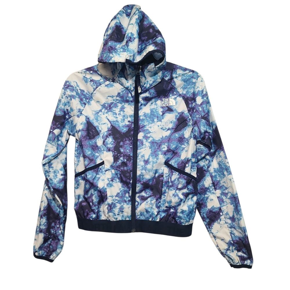 The North Face Girls Blue Tie-Dye Windwall Hooded Jacket Large